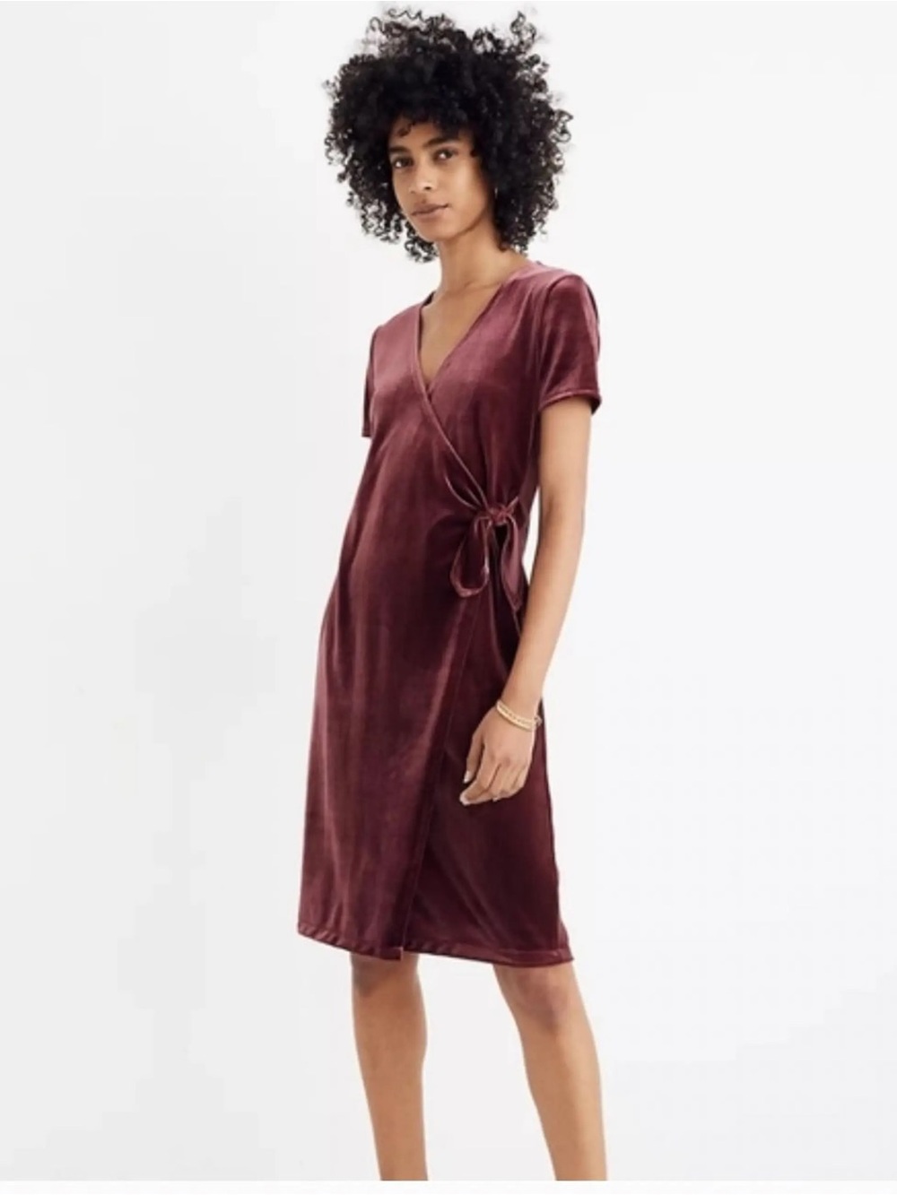 Madewell Burgundy Velvet Side-Tie Faux Wrap Dress V-Neck Midi in Size M